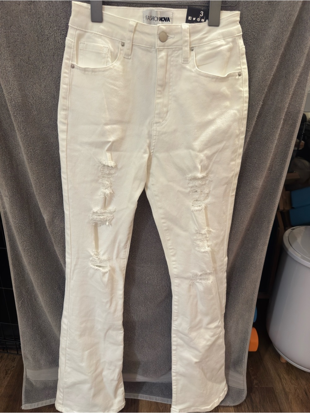 Fashion Nova Cream Distressed Flare Jeans